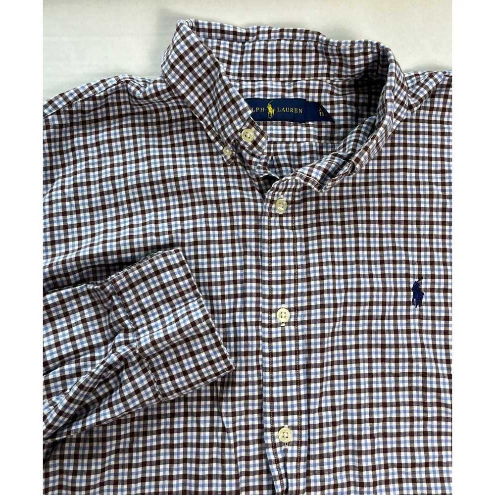 Ralph Lauren Gingham Button Down Shirt Mens XL Brown Blue Check Long Sleeve‎